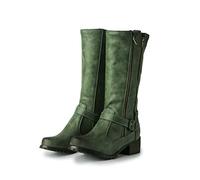 ENWIND Women's Knee High Boots Buckle Strap Low Flat Heel Side Zip Round Toe Riding Boots,Green,4 UK