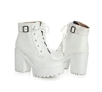 ENWIND Women's Lace Up Heeled Combat Boots Round Toe Platform Ankle Booties High Chunky Heel Lace Up Casual Walking Short Booties,White,6 UK