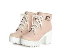 ENWIND Women's Lace Up Heeled Combat Boots Round Toe Platform Ankle Booties High Chunky Heel Lace Up Casual Walking Short Booties,Pink,4 UK