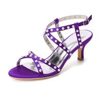ENWIND Women's Low Stiletto Heels Round Open Toe Pearl Sandals Adjustable Buckle Ankle Strap Wedding Dress Pumps,Dark Purple,7 UK