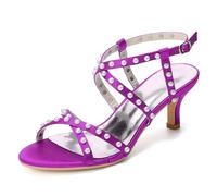 ENWIND Women's Low Stiletto Heels Round Open Toe Pearl Sandals Adjustable Buckle Ankle Strap Wedding Dress Pumps,Purple,4 UK