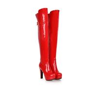 ENWIND Women's Patent Leather Over The Knee Boots Block Heel Zip Platform Boots Round Toe Buckle Thigh High Boots,Red,7 UK