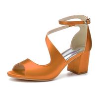 ENWIND Women's Peep Toe Bridal Shoes Low Block Heel Cross Strappy Heeled Sandals Comfy Chunky Wedding Dress Pumps,Orange,5 UK