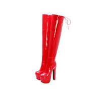 ENWIND Women's Platform Knee High Thigh High Boots with Zipper Round Toe Chunky Heel Boot,Red,12 UK