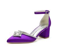 ENWIND Women's Pointed Toe Chunky Block Heel Pumps with Ankle Strap, Comfortable Mid Heel Dress Shoes for Wedding, Prom, Party & Evening Events,Dark Purple,2 UK