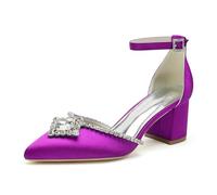 ENWIND Women's Pointed Toe Chunky Block Heel Pumps with Ankle Strap, Comfortable Mid Heel Dress Shoes for Wedding, Prom, Party & Evening Events,Purple,2 UK