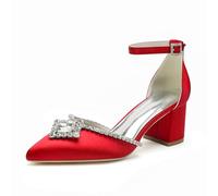 ENWIND Women's Pointed Toe Chunky Block Heel Pumps with Ankle Strap, Comfortable Mid Heel Dress Shoes for Wedding, Prom, Party & Evening Events,Red,3 UK