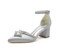 ENWIND Women's Pointed Toe Chunky Block Heel Pumps with Ankle Strap, Comfortable Mid Heel Dress Shoes for Wedding, Prom, Party & Evening Events,Silver,10 UK