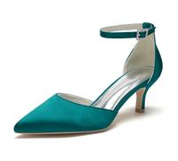 ENWIND Women's Pointed Toe D'Orsay Dressy Pumps Kitten Heel Bridal Wedding Party Shoes Ankle Strap Low Heel Office Business Formal Shoes,Teal,5 UK