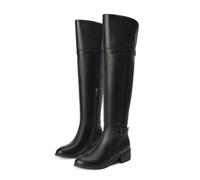 ENWIND Women's Wide Calf Over The Knee High Boots Low Block Heel Buckle Strap Motorcycle Boots Zipper Thigh High Winter Boots,Black,10 UK