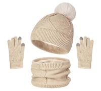 Enwokran 3-in-1 Winter Beanie Hat Scarf Gloves Set, Thermal Elastic Thicken Warm Brushed Inner Lining Knit Pom Bobble Cap Neck Warmer Touchscreen Gloves for Winter Cold Weather (Beige)
