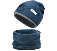 Enwokran Childrens' Slouchy Beanie Hat Loop Scarf Set Soft Easy Care Stretch Material Round Scarf Soft Girls Boys Winter Autumn Spring Set (Astronauts-Navy)