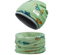 Enwokran Childrens' Slouchy Beanie Hat Loop Scarf Set Soft Easy Care Stretch Material Round Scarf Soft Girls Boys Winter Autumn Spring Set (Truck-Light Green)