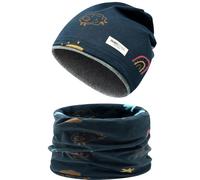 Enwokran Childrens' Slouchy Beanie Hat Loop Scarf Set Soft Easy Care Stretch Material Round Scarf Soft Girls Boys Winter Autumn Spring Set (Spaceships-Navy)