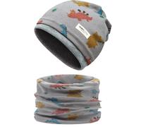 Enwokran Childrens' Slouchy Beanie Hat Loop Scarf Set Soft Easy Care Stretch Material Round Scarf Soft Girls Boys Winter Autumn Spring Set (Dinosaurs-Light Grey)