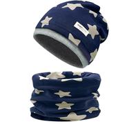 Enwokran Childrens' Slouchy Beanie Hat Loop Scarf Set Soft Easy Care Stretch Material Round Scarf Soft Girls Boys Winter Autumn Spring Set (Star-Navy)