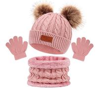 Enwokran Kids Winter Warm Beanie Hat Scarf Gloves Set 3 in1,3pcs Thermal Knit Crochet Thick Fluffy Cap Pom Bobble Hat Neck Warmer Gloves Setfor Girls Boys Children Aged 2-6 (Pink)