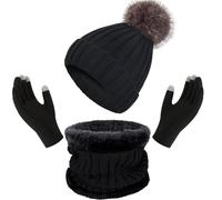 Enwokran Winter Unisex Beanie Hat Scarf Gloves Set,Thicken Touch Screen Gloves,Slouchy Knitted Fleece Thermal Pom Cap Thick Neck Warmer Mittens 3PCS for Cold Weather (Black)