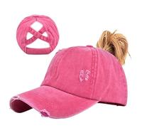 Enwokran Women Ponytail Hat Baseball Cap, Adjustable Criss Cross Buns Ponycaps High Bun Cotton Distressed Dad Trucker Hats, Rose Red, One Size