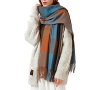 Enwokran Women Scarves Soft Plaid Wrap, Long Oversized Soft Warm Tartan Wraps Wool Spinning Tassel Shawl Stole Scarf Blanket,Great Christmas or Birthday Gift for Lady Women Girls (Red Blue)