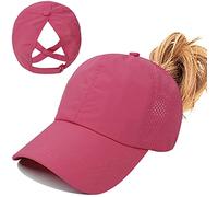 Enwokran Women's Ponytail Baseball Cap, Adjustable Breathable Criss Cross Mesh Quick Drying Messy High Bun Ponycap Hat (Rose Red)