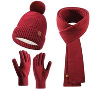 Enwokran Womens Winter Beanie Scarf Gloves Set, Pom Pom Hat with Warm Fleece Lined Long Knit Scarf Touchscreen Gloves 3 in 1 Set (Red)
