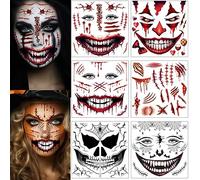 ENYACOS 6 Sheets Halloween Scary Face Tattoos For Men And Women,Skeleton Mouth Tattoo,Halloween Makeup Kits Adults,Fake Cuts Halloween Tattoos Spider Web,Halloween Costume (A)