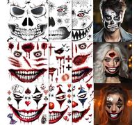 ENYACOS 6 Sheets Scary Face Tattoos - Skeleton Mouth, Fake Cuts Spider Web, Adult Halloween Makeup Kit