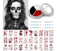 ENYACOS Halloween Face Painting Kit with 30PCS Temporary Zombie Wound Tattoos - Black, White & Red Face Paint Set for Skeleton, Vampire, Clown Makeup Body Paint Set， Easy Cleanup (A)