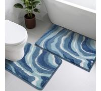 Enyhom Bath Mat Sets 2 Piece, Microfibre Non Slip Blue Bathroom Mat Set, Absorbent Bathroom Rug Soft Toilet Mats, Machine Washable Quick Dry Bath Rug Pedestal Mat for Toilet, 50x80+U50x60cm