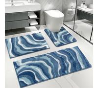 Enyhom Bathroom Mat Sets 3 Piece, Microfibre Shaggy Blue Bath Mat Set, Super Absorbent Bath Rug with U-Shaped Toilet Rug, Non Slip Washable Pedestal Mats for Toilet Soft Thick Bathroom Carpet Set
