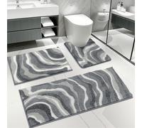 Enyhom Bathroom Mat Sets 3 Piece, Microfibre Shaggy Grey Bath Mat Set, Super Absorbent Bath Rug with U-Shaped Toilet Rug, Non Slip Washable Pedestal Mats for Toilet Soft Thick Bathroom Carpet Set