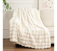 Enyhom Faux Rabbit Fur Throw Blanket, 152 x 203 cm Double Bubble Cozy Bed Throw Soft Plush Fluffy Blanket Warm Thick Fur Throws for Bedroom Couch Sofa Home Decor, Beige