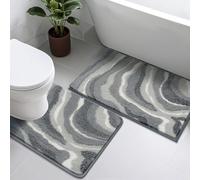 Enyhom Non Slip Bath Mat Sets 2 Piece Washable, Grey Microfibre Absorbent Bathroom Rugs Set Quick Dry, Extra Soft U Shaped WC Toilet Mat Pedestal for Bathroom Floor
