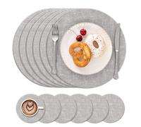 Enyhom Round Placemats and Coasters Set of 6 PU Leather, Wipeable Waterproof Dining Table Mats Heat Resistant Oilproof, Non Slip Washable Place Mats for Table, Light Grey