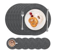 Enyhom Round Placemats and Coasters Sets 6 PU Leather Table Mats, Dark Grey