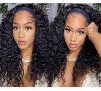 ENYI Curly Headband Wig - 50cm Water Wave Wig for Women, Bouncy & Voluminous Curls, Natural Black, Glueless Wig with Headband, Heat-Resistant Synthetic Fibre, Ready-to-Wear
