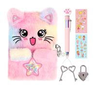 ENYILEE Cat Diary for Girls with Lock and Keys,Tie-Dye Fuzzy Journal for Kids,Hardcover Fluffy Locking Notebook for Writing and Drawing,4-12 Year Old Girl Birthday (A Star-Cat)