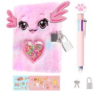 ENYILEE Mini Axolotl Diary with Lock, Kids Journal 4.7x6.1in with Pen and Stickers, Gift for Girls Ages 6-8