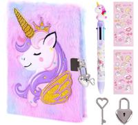 ENYILEE Unicorn Diary with Lock for Girls,Cute Plush Journal Notebook Set for Kid with Stickers,Fluffy Secret Notebook for Writing and Drawing Gifts for Girls ages 6-8