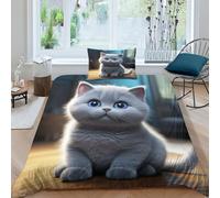 ENYISIYULO British Blue Cat3 Pieces Duvet Cover,3D Printed Bedding Set,Pillowcases,Microfiber Quilt Cover Easy Care Anti-Allergic Soft And Smooth for Kid Teens Boys And Girls Man Single（135x200cm）