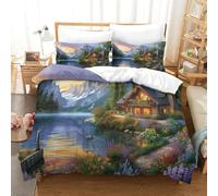 ENYISIYULO Comforter Cover Set Mountain Cottage 3D Print Duvet Quilt Cover Mountain Cabin Soft Microfiber Quilt Cover Decor with Pillowcase for Kids Boys Teens Youth Double（200x200cm）