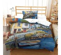 ENYISIYULO Seaside Town Breathable Duvet Cover Set Fade Resistant Duvet Cover Hypoallergenic Comforter Cover 2Pcs With Pillow Cases Bedding Set for Children Kids Single（135x200cm）