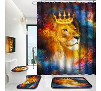 ENYORSEL Bathroom Set, 4-Piece Crown Lion Shower Curtain Set with Rugs, Soft Bathroom Non-Slip Floor Mat, U-shaped Bath Mat and Toilet Cover Lid Mat