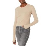 Enza Costa Women's Cashmere Blend Cuffed Crew Top with Thumbhole Shirt, Khaki, Medium