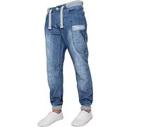 Enzo Mens Cuffed Denim Jogger Jeans Twill Pants, Blue, 28W x 32L