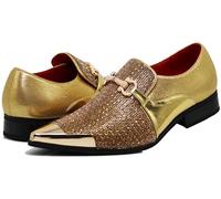 Enzo Romeo Crisino Men Rhinestone Chrome Toe Suede Pointy Buckle Dress Loafer Slip On Shoes, Gold 03, 5 UK