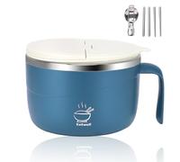 EOAMGO 1200ml Noodle Bowl with Spoon Chopsticks, Rapid Ramen Bowl Set with Filterable Lid, 304 Stainless Steel Instant Soup Bowl with Handles for Dorm Home Office (Blue)