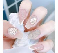 EOAMGO 24 pcs Christmas Nails False Nails Long with Snow Pattern, Press on Nails Christmas Fake Nails with Glue, Stick on Nails for Women and Girls DIY French Tips Nails (Nude White, One Size)