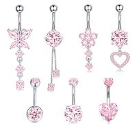 EOAMGO Belly Button Bars, Belly Button Piercing Kit, Surgical Stainless Steel Belly Bars, Long Dangly Belly Button Bars and Short Small Belly Bar, 7 Pcs 16G Floating Navel Piercing Jewelry, Pink